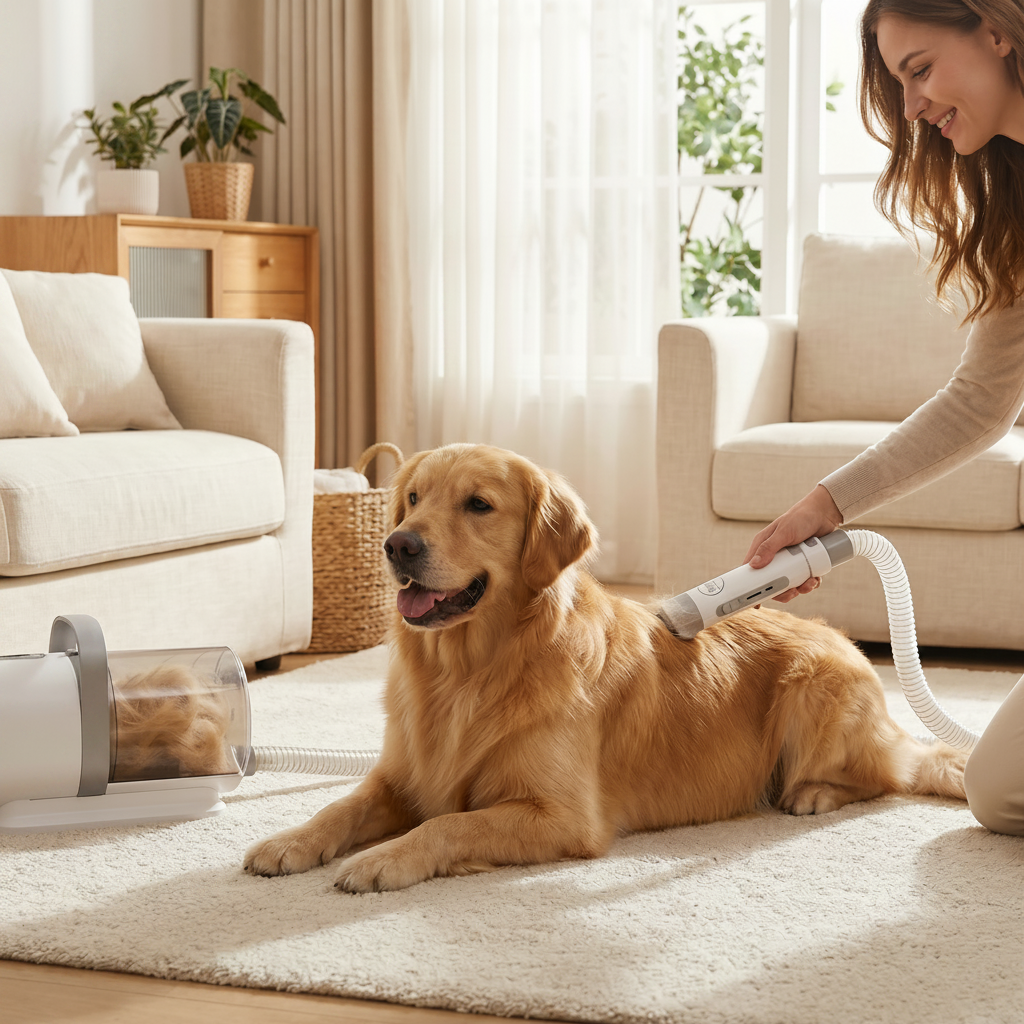 Owner grooming a happy golden retriever at home with the GROOMINGUS dog grooming vacuum kit capturing loose fur