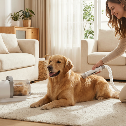 Owner grooming a happy golden retriever at home with the GROOMINGUS dog grooming vacuum kit capturing loose fur