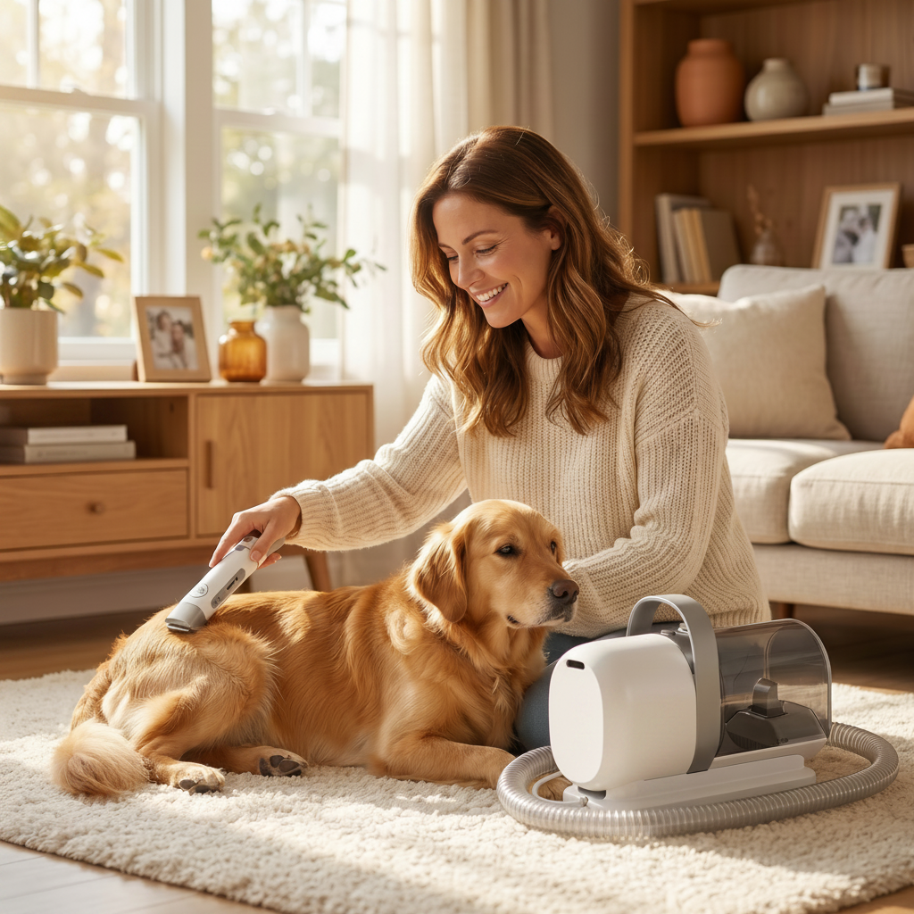 Dog owner bonding while grooming their relaxed dog at home with the GROOMINGUS grooming kit