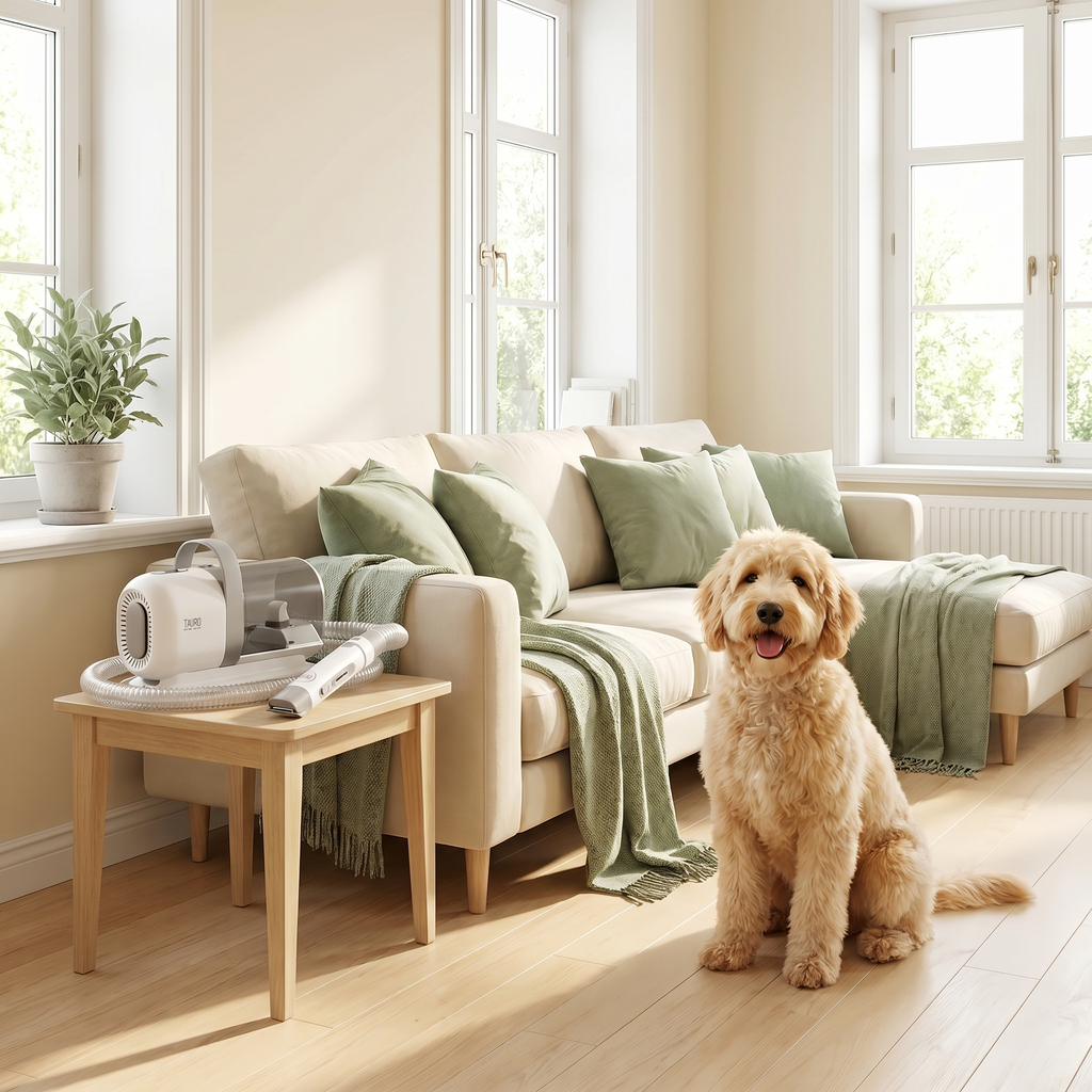 Freshly groomed dog in a clean, fur-free living room with the GROOMINGUS dog grooming vacuum kit