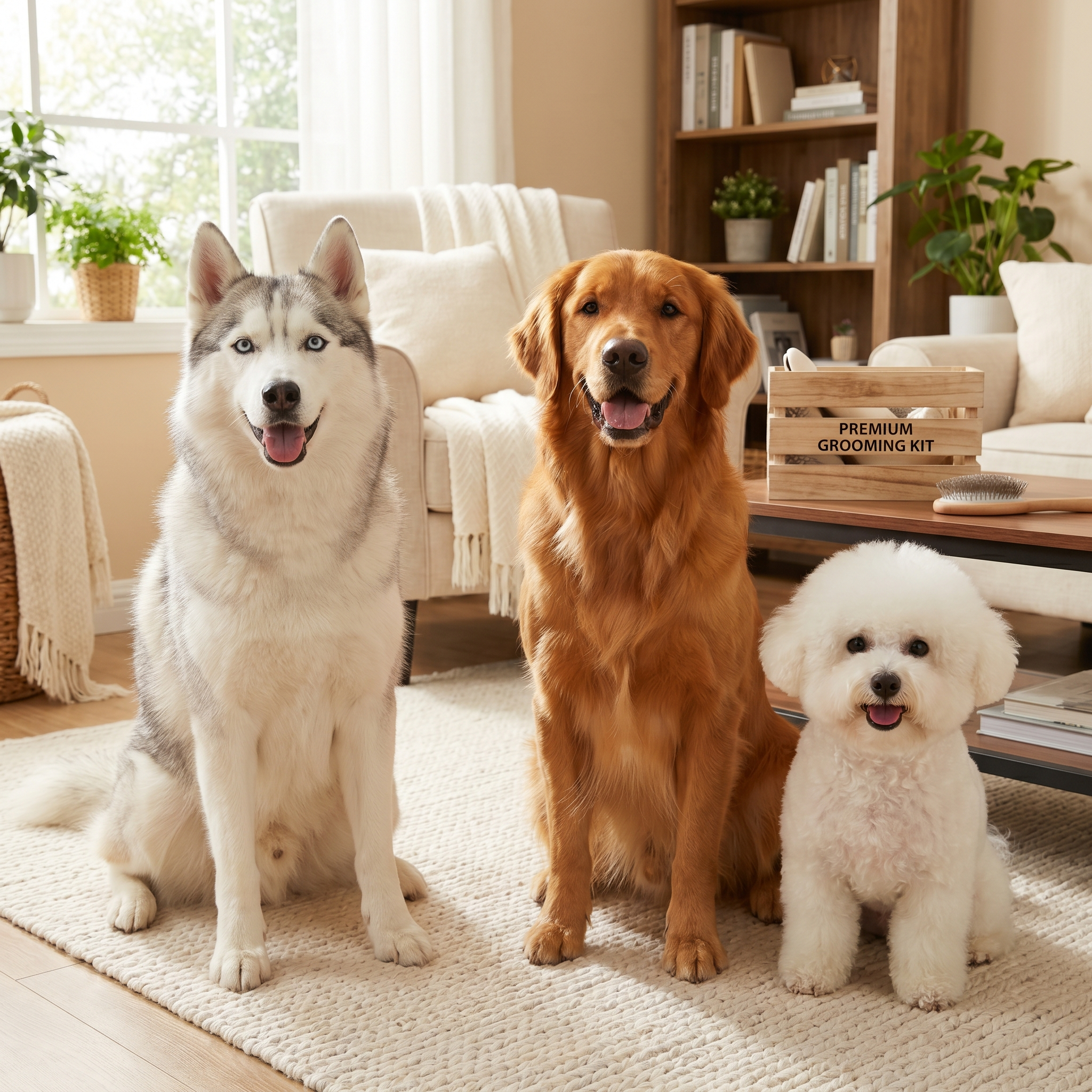Husky, golden retriever and small fluffy dog well-groomed, showing the GROOMINGUS kit works for all breeds