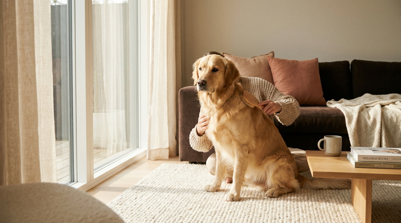 Owner calmly grooming a golden retriever in a sunlit living room
