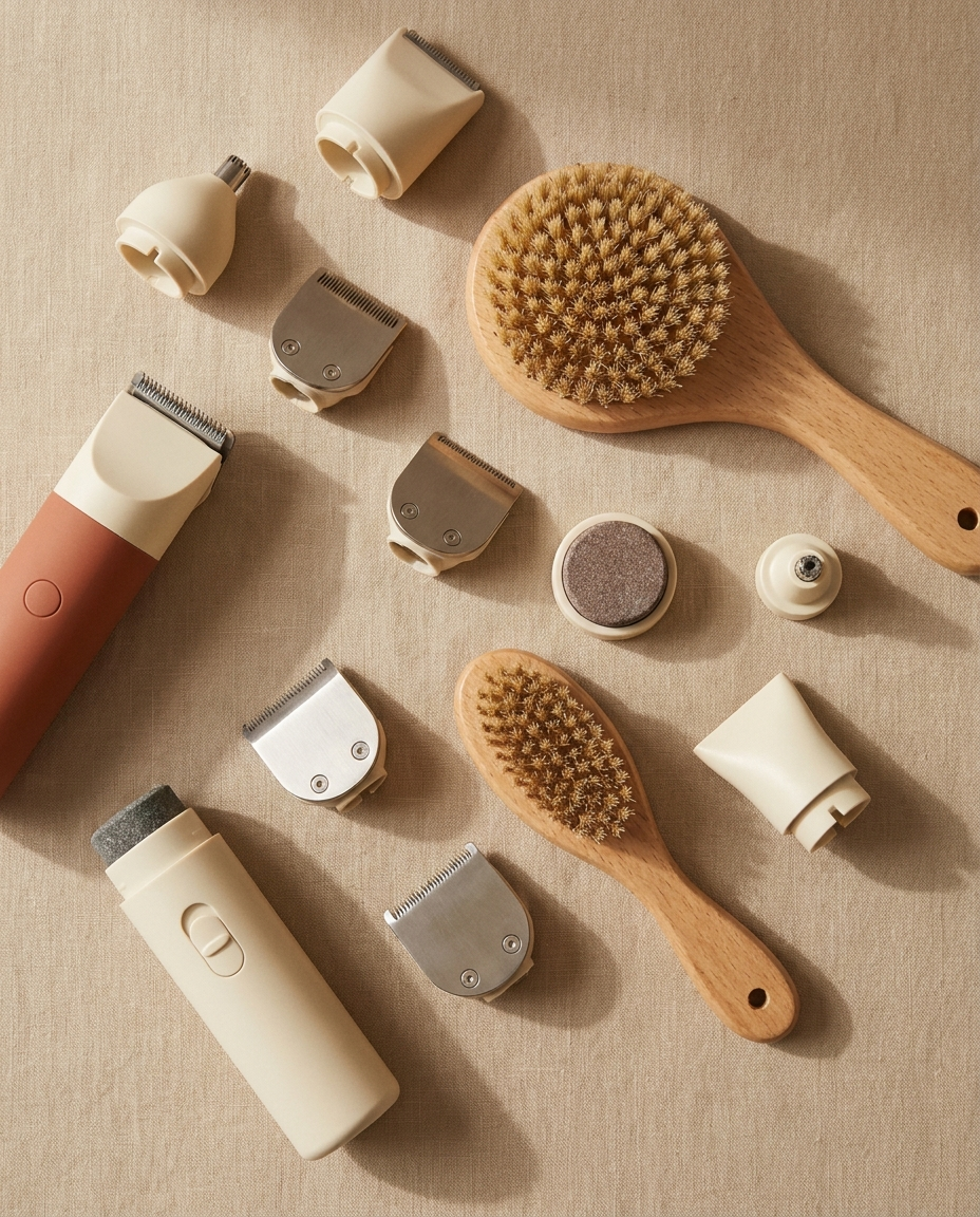 The seven grooming attachments laid out on linen