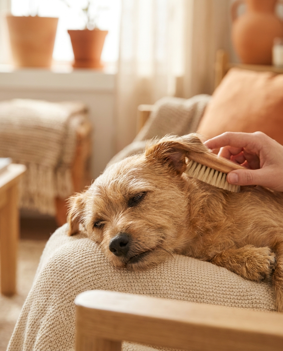 A relaxed dog being gently groomed at home