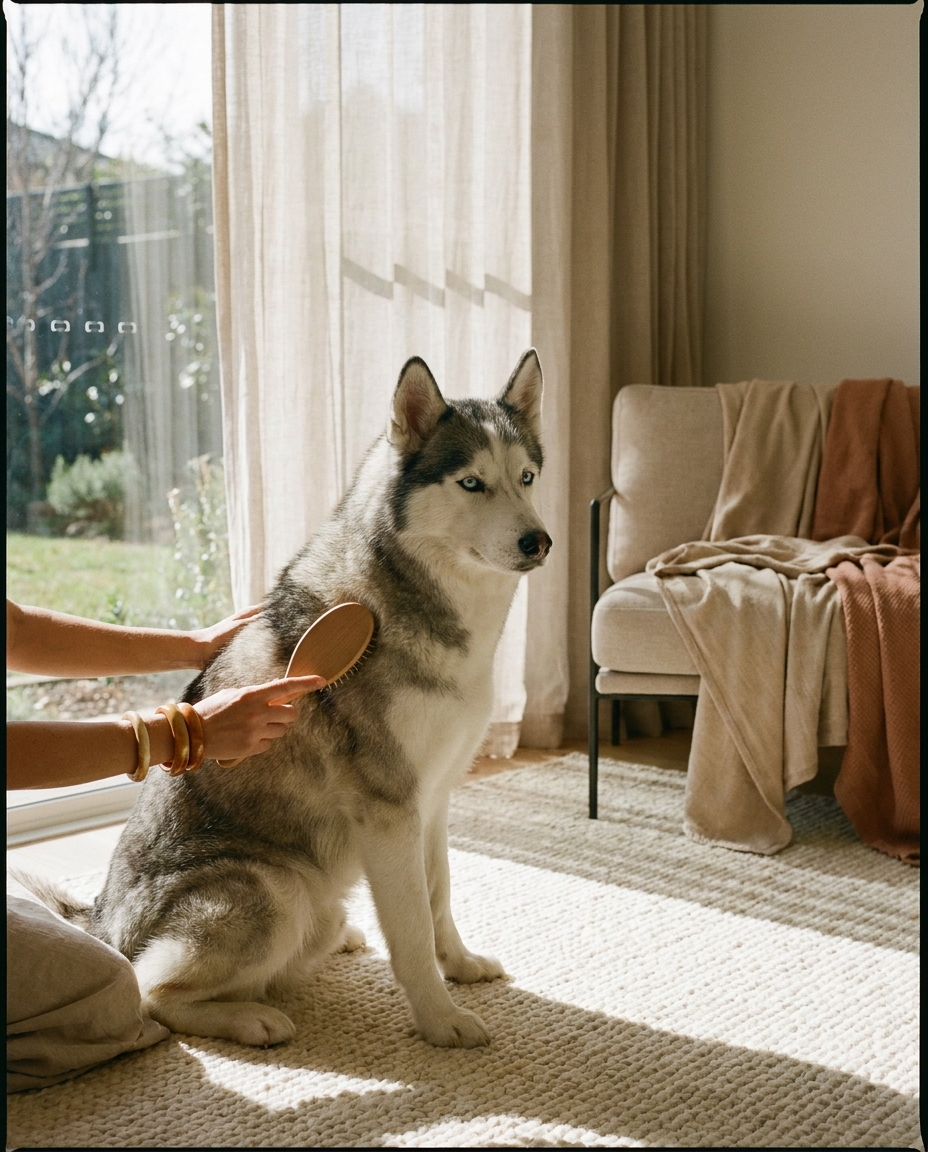 Calm husky groomed cordlessly at home with CalmCare