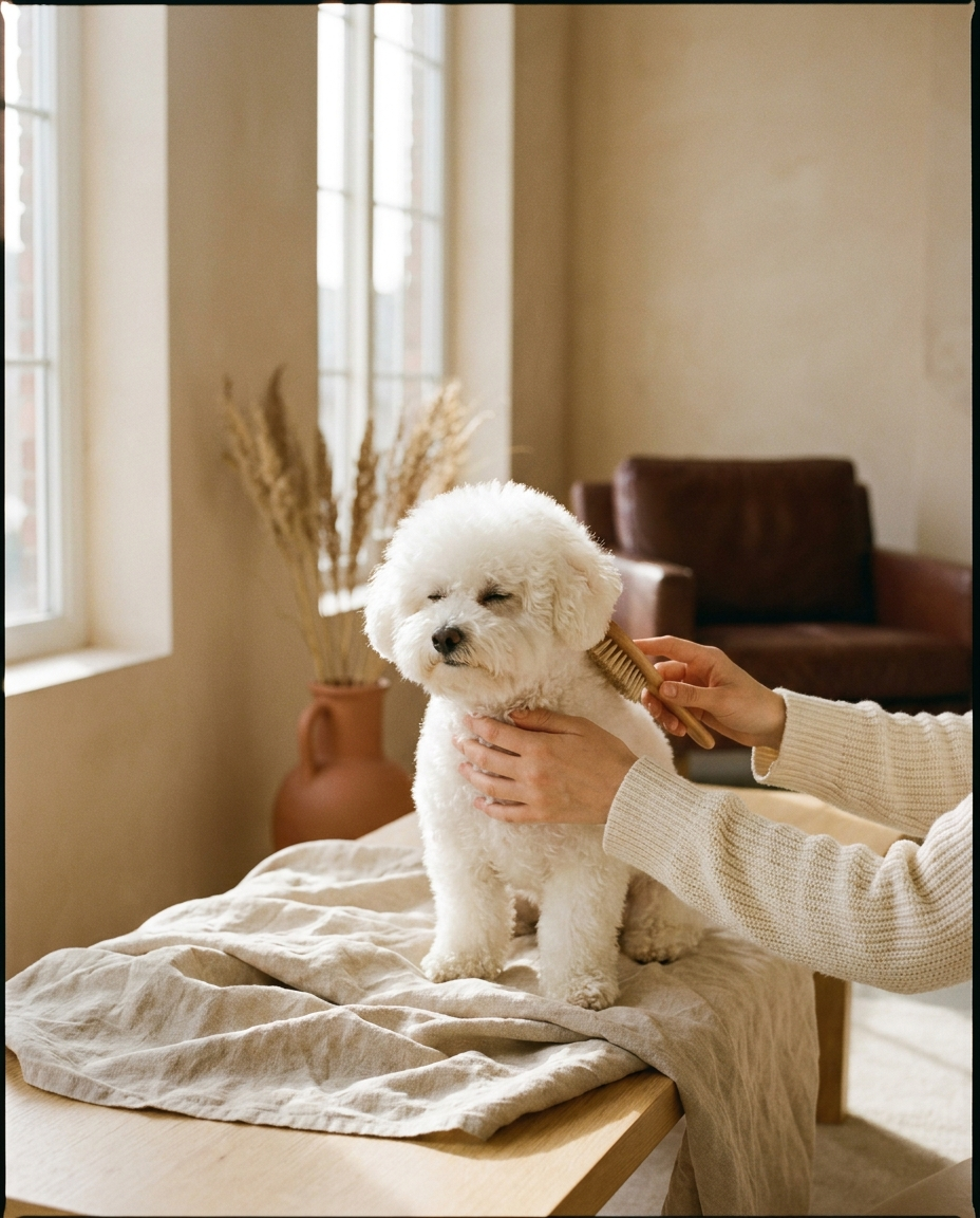 Small fluffy dog gently groomed at home, calm and relaxed