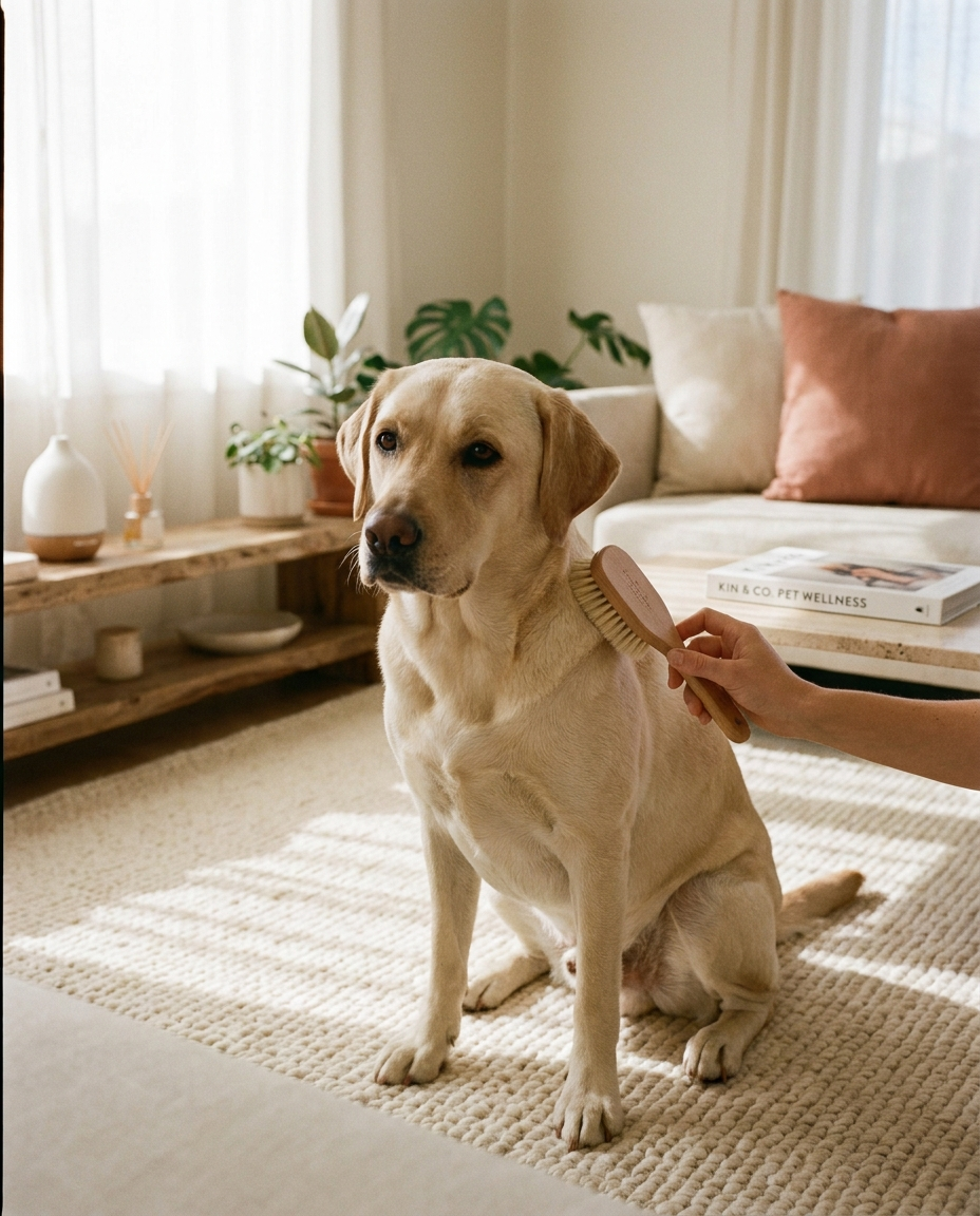 Calm Labrador dried and groomed at home, relaxed in a sunlit room