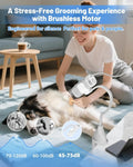 Woman grooming a dog with a pet grooming tool in a home setting, featuring text about a stress-free grooming experience with a brushless motor.