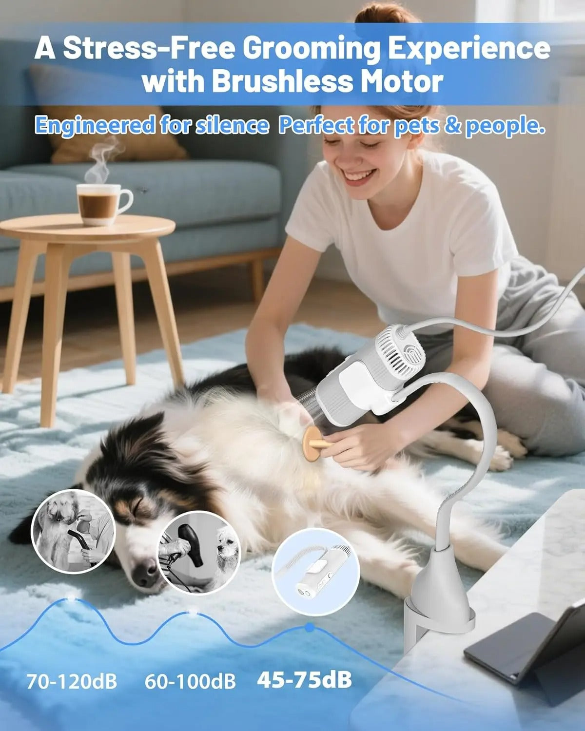 Woman grooming a dog with a pet grooming tool in a home setting, featuring text about a stress-free grooming experience with a brushless motor.