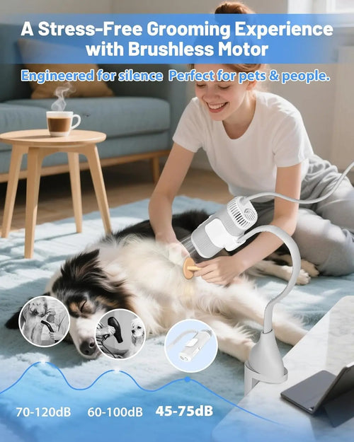 Woman grooming a dog with a pet grooming tool in a home setting, featuring text about a stress-free grooming experience with a brushless motor.