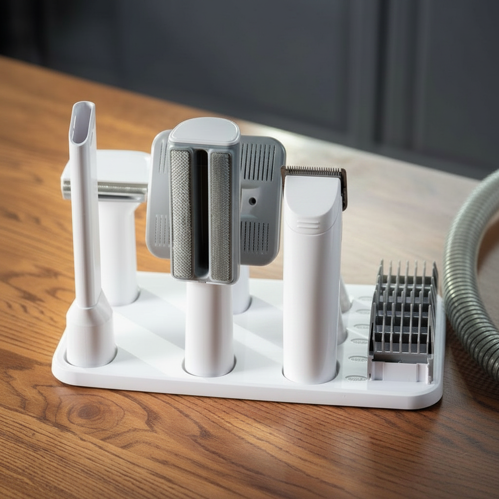 Dog being groomed at home with the GROOMINGUS dog grooming vacuum kit